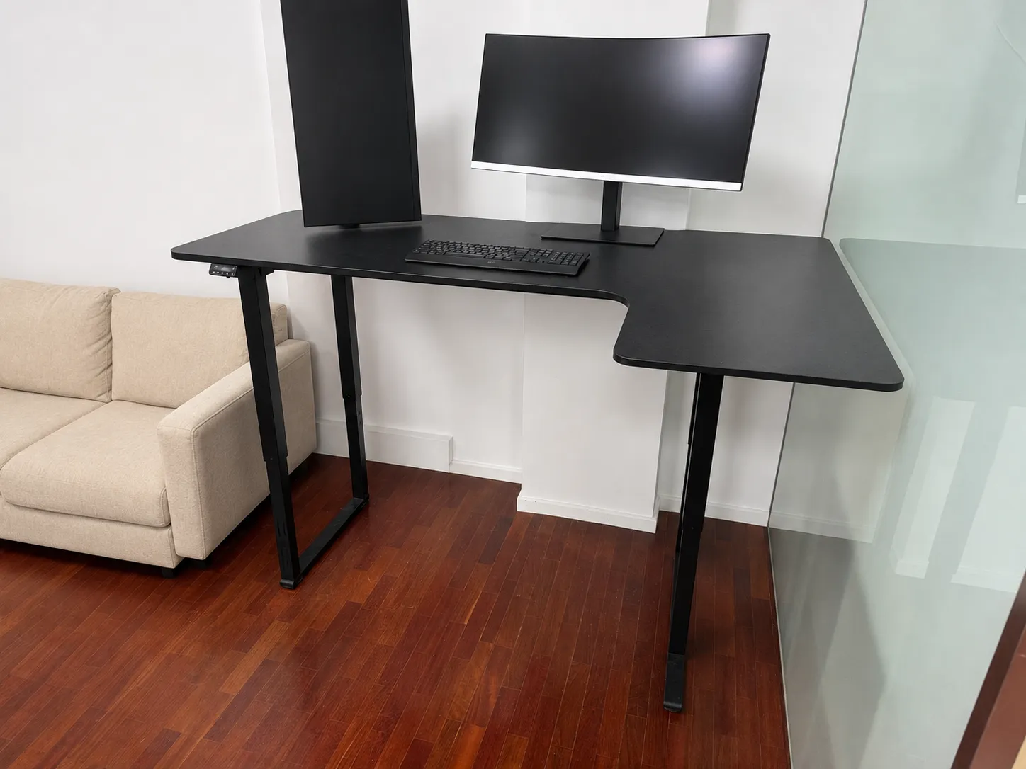2 x SANODESK QS2 electric standing desk 180 x 110 cm, black, RIGHT-hand L shape, 2 motors, 4 legs, memory presets. Price is PER DESK, buy one or both, photo 2
