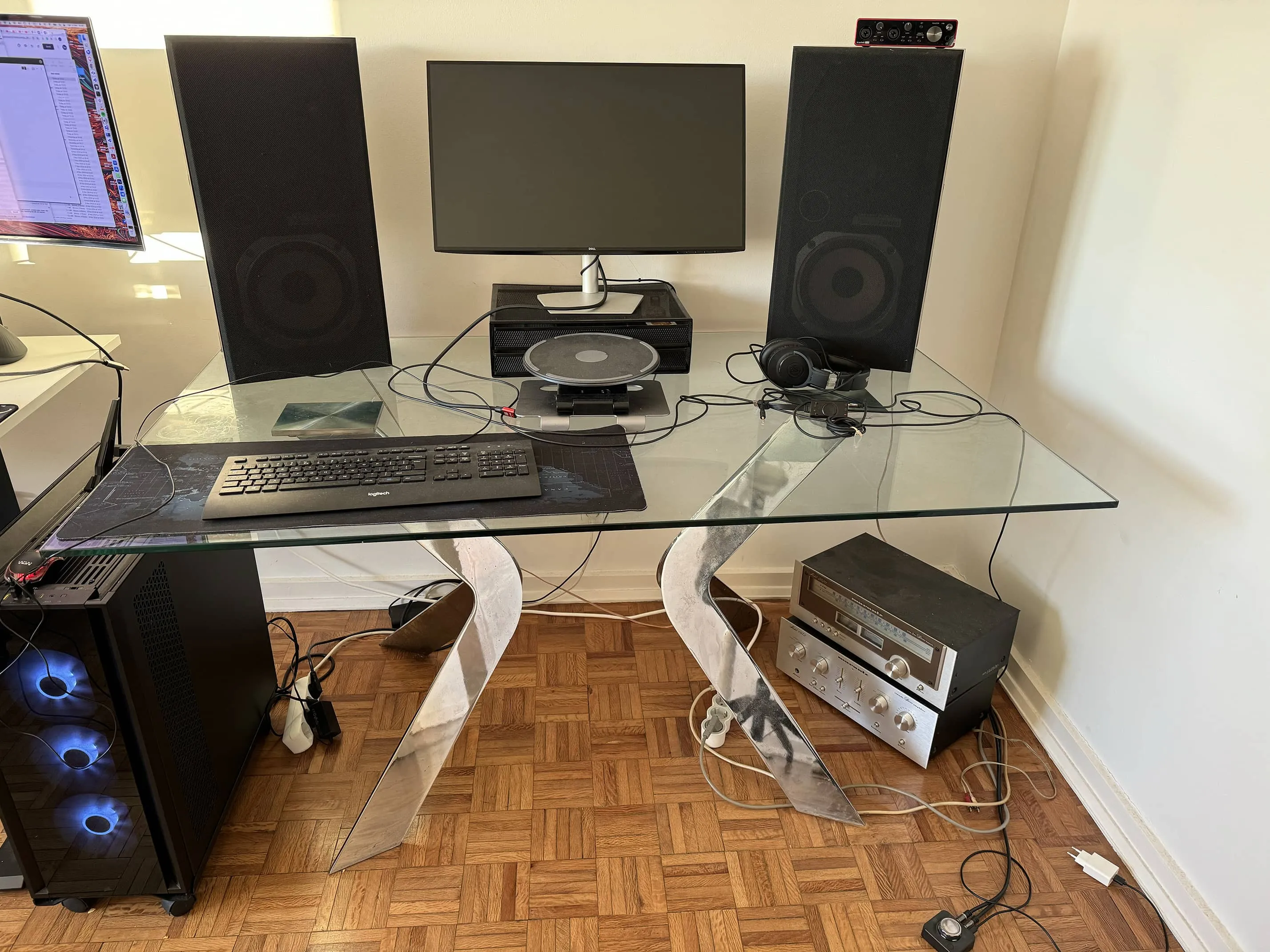 Glass table W 150 cm x L 90cm x H 76 cm with metal legs on sides, photo 1