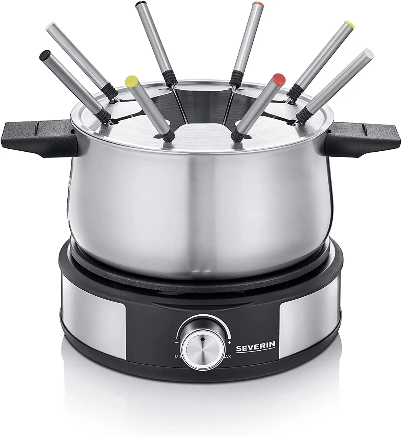 Severin FO 2471 crêpe maker and fondue set 2-in-1, 1500 W, non-stick crêpe plate and 1.4 L stainless steel pot, 8 colour-coded forks, for 8 people