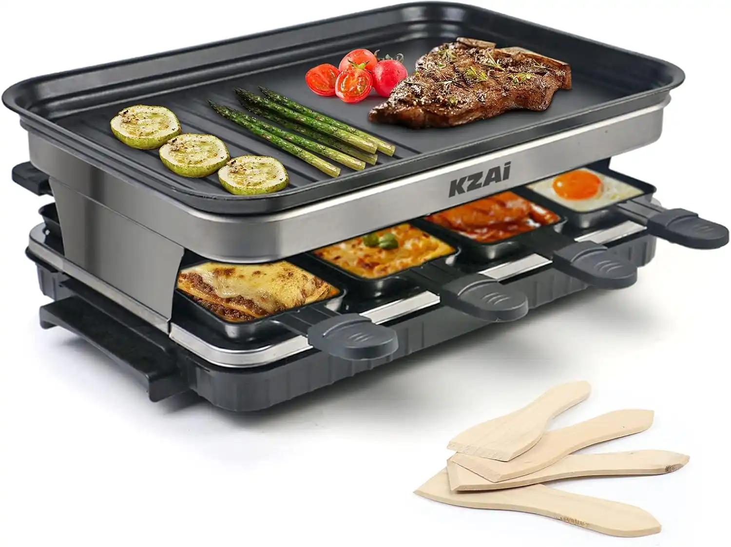 Raclette grill for 8 people, 1500 W electric table grill with non-stick plate, 8 mini raclette pans and 4 wooden spatulas, adjustable thermostat