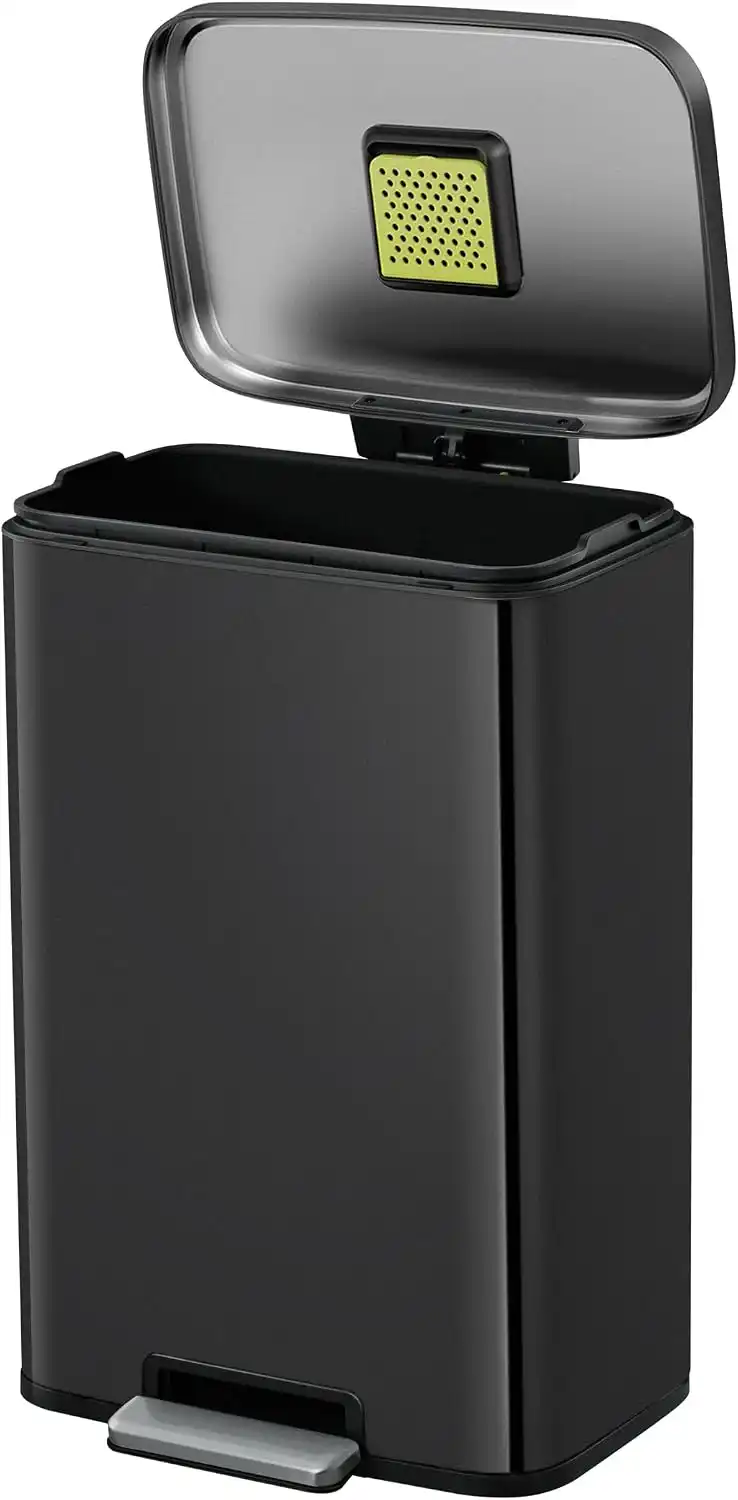 EKO Madison 50 L kitchen pedal bin, matt black stainless steel, soft close and stay-open lid, 42.5 x 36.5 x 64.6 cm