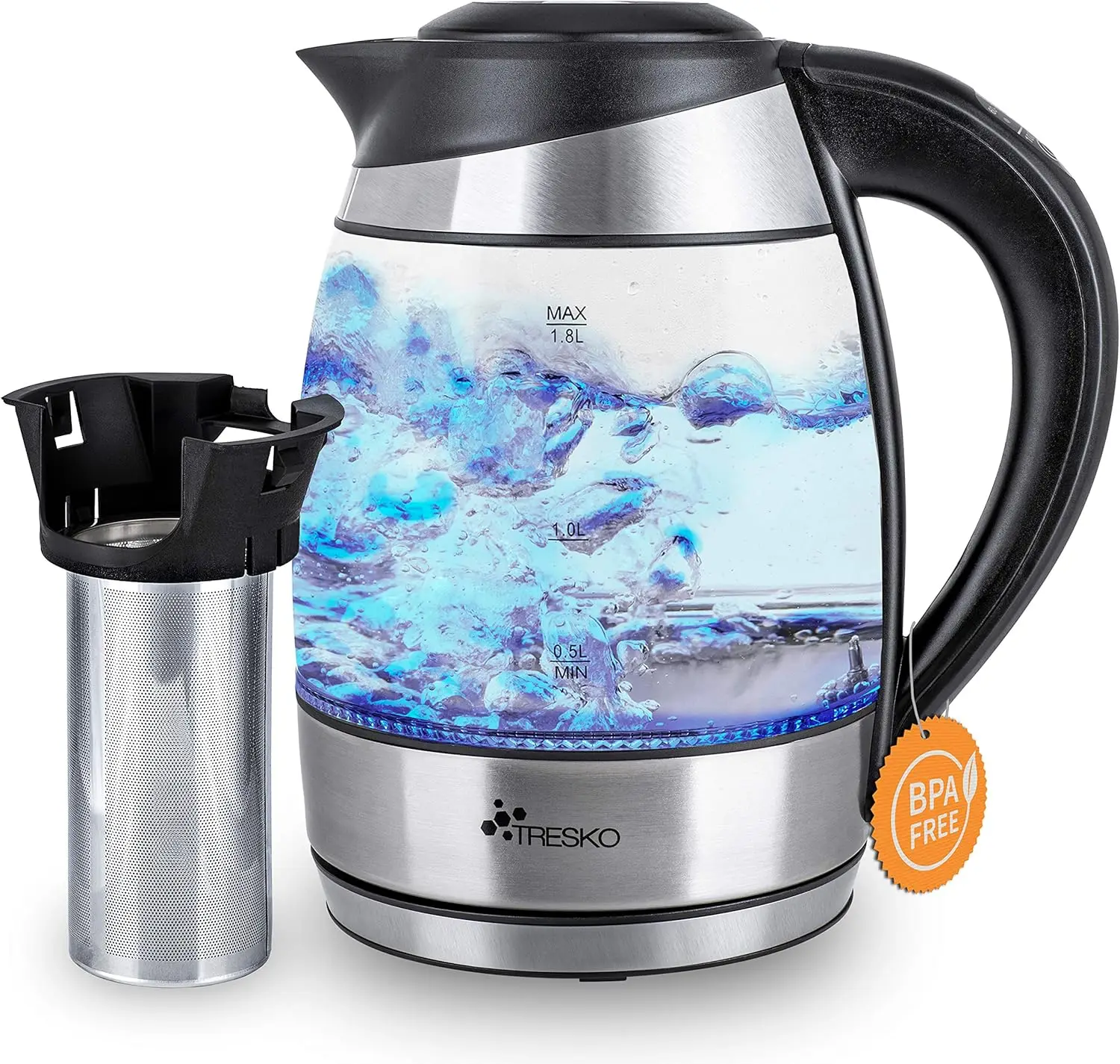 TRESKO Glass Kettle 1.8 L, 2200 W, adjustable temperature 60-100 C, tea filter and limescale filter, LED