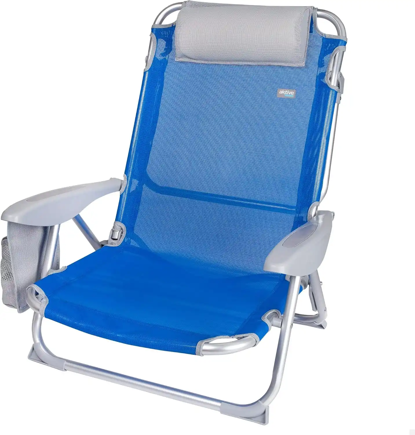 Aktive folding beach chair, blue, aluminium and textilene, 4 reclining positions, low 17 cm seat, cushion and side pocket (ref 62609)