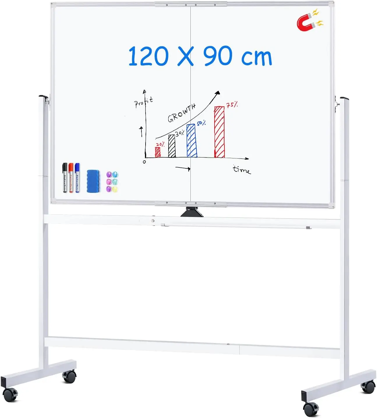 maxtek Mobile Whiteboard 120 x 90 cm, double sided and magnetic, aluminium frame on lockable wheels