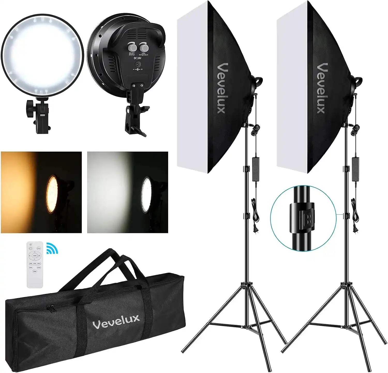 2 x 48W LED studio light on a stand, with 50x70 cm softbox, bicolour 3000K-5500K, remote and carry bag, complete kit