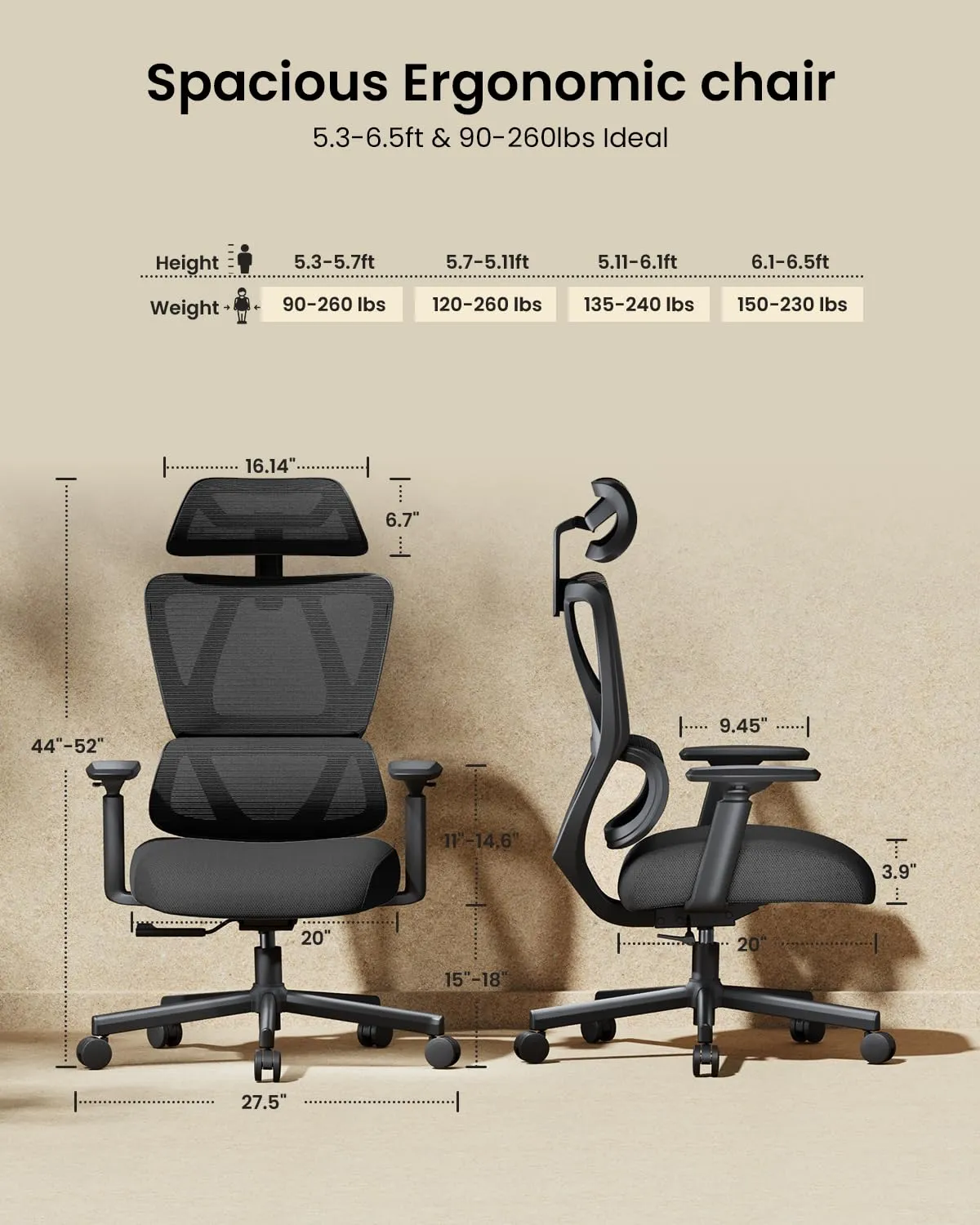 ProtoArc EC100 Ergonomic Office Chair, 10 cm spring cushion, lumbar support, adjustable headrest, black, photo 3