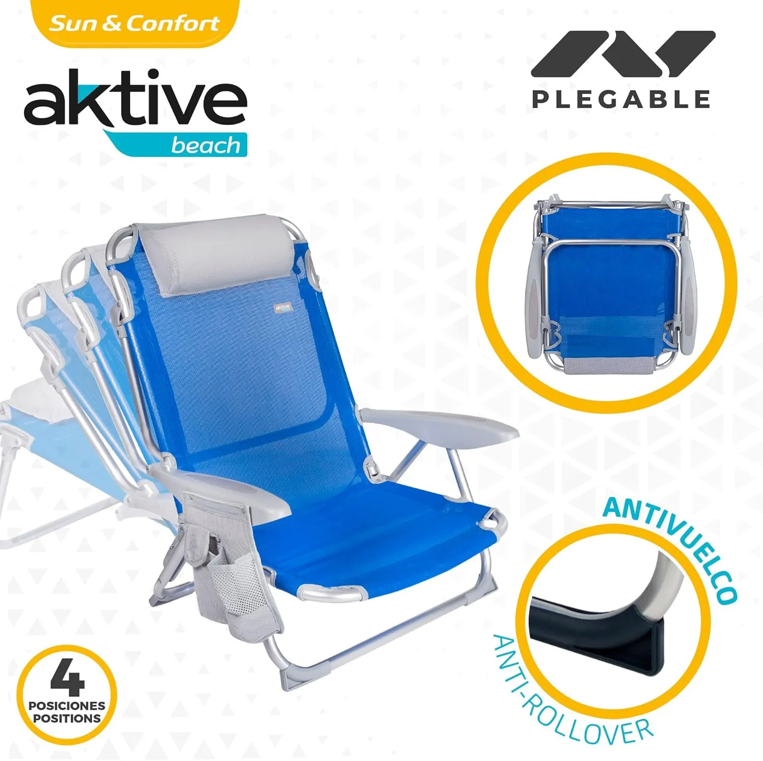 Aktive folding beach chair, blue, aluminium and textilene, 4 reclining positions, low 17 cm seat, cushion and side pocket (ref 62609), photo 4
